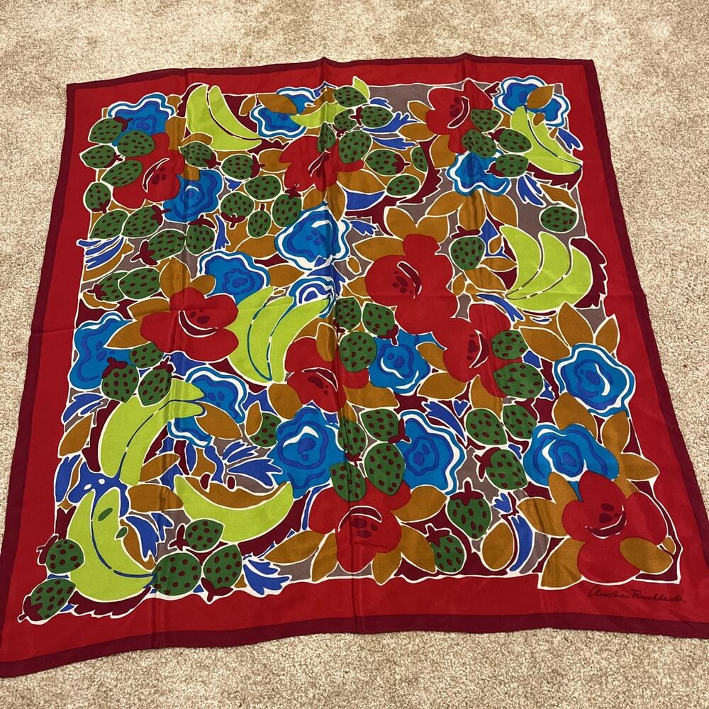 Vtg Christian Fischbacher Floral Fruit Silk Scarf 30” Red Bananas Strawberries